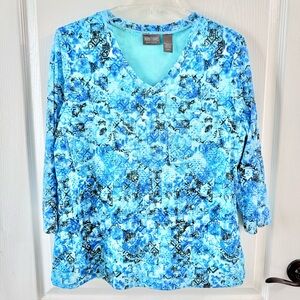 Chico's Aqua and Black Patterned Long Sleeve Top